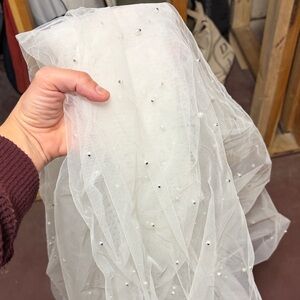 Elegant White Tulle Fabric with Pearls
